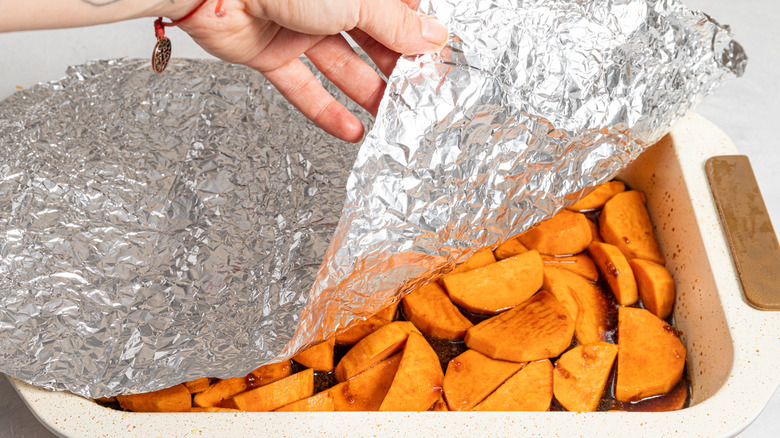 tin foil on yam dish