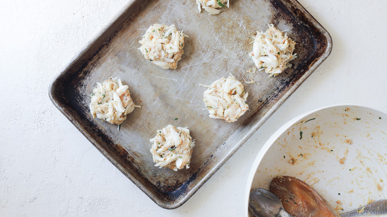 Crab cakes on tray