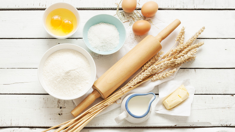 Baking essentials on a wooden bench