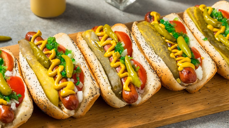 Several Chicago-style hot dogs