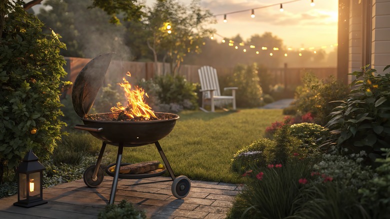 Flaming grill on patio