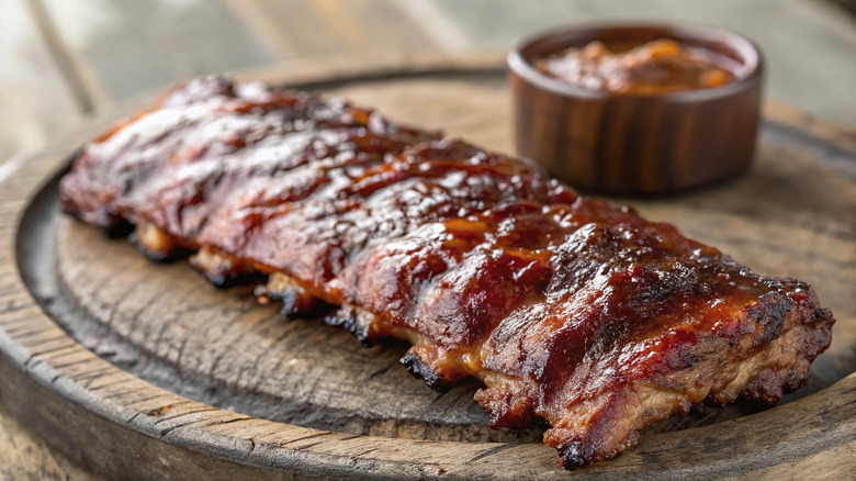 Rack of sauced BBQ ribs on cutting board