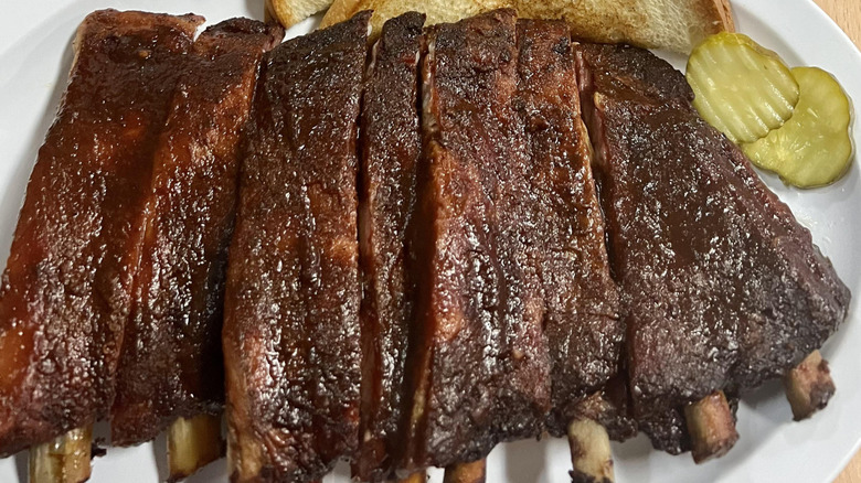A rack of ribs from Joe's KC BBC sliced
