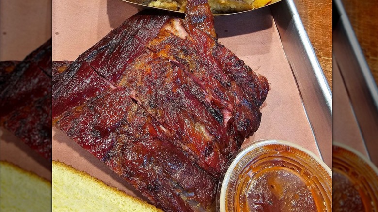 Ribs from Smokey Joe's on a parchment lined tray