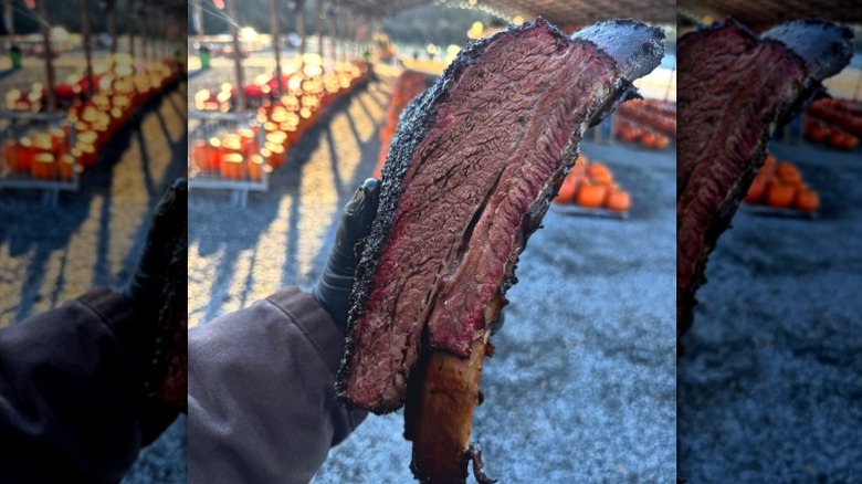 A person holds a large beef rib at Dampf Good BBQ in Cary, North Carolina
