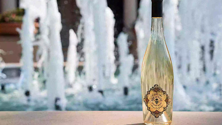 Bottle of Bee D'Vine Ethiopian Geteme Honey Wine in front of water fountain