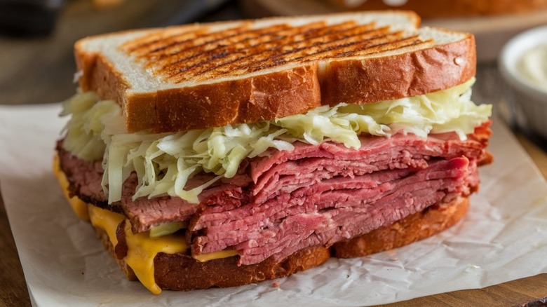 A Reuben sandwich on sandwich paper