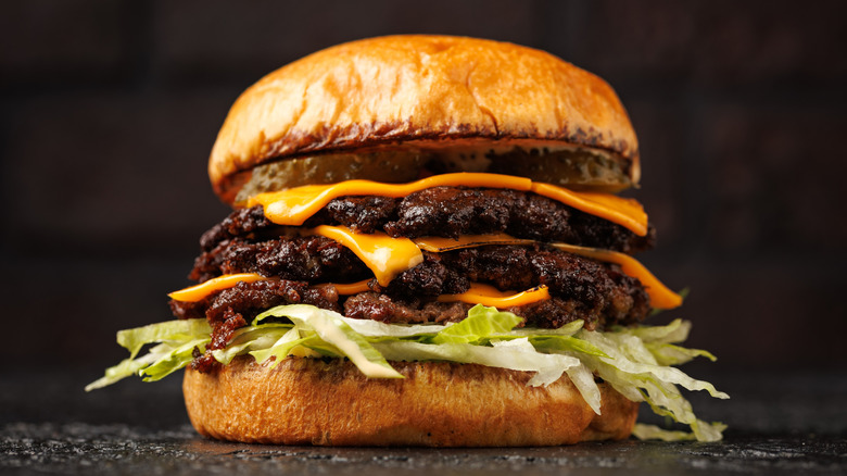 A cheeseburger with multiple patties.