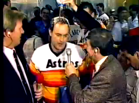 Nolan Ryan being showered with beer after a 1986 playoff victory.