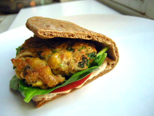 Falafel balls, smashed up in an awesome healthy sandwich