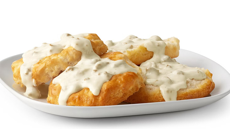 Close-up of McDonald's Two Scratch Biscuits and Gravy dish.
