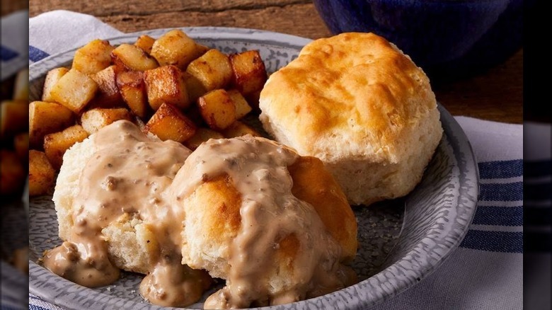 Bob Evans Sausage Gravy and Biscuits with potatoes