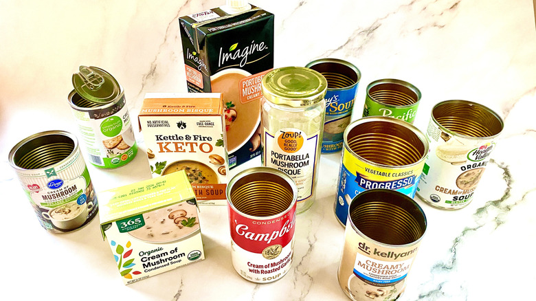 A variety of packages for cream of mushroom soup.