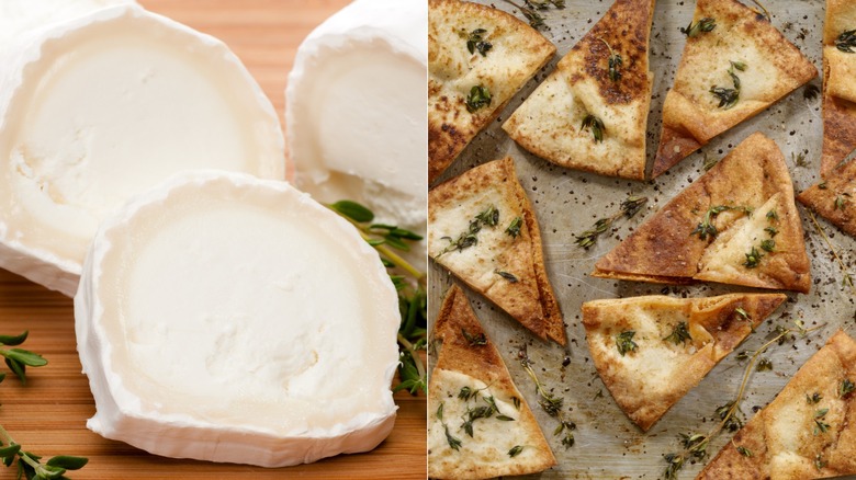 sliced goat cheese with thyme and thyme crackers on baking sheet