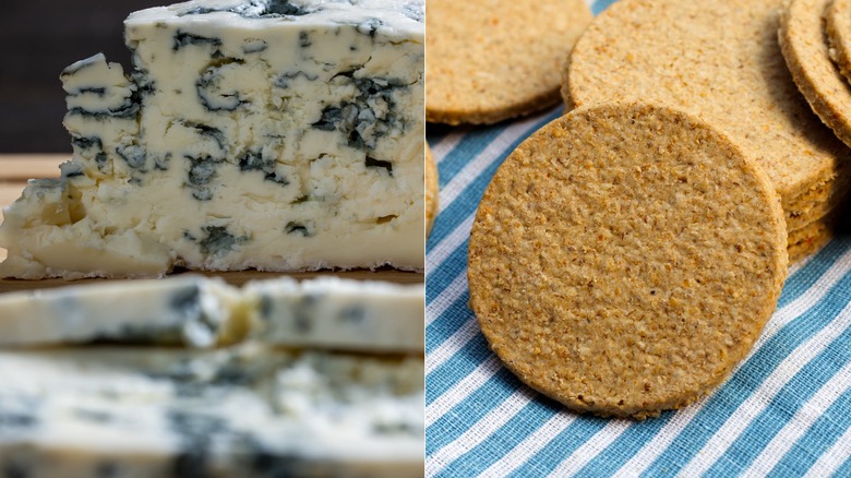 gorgonzola sliced and oatcakes on blue napkin