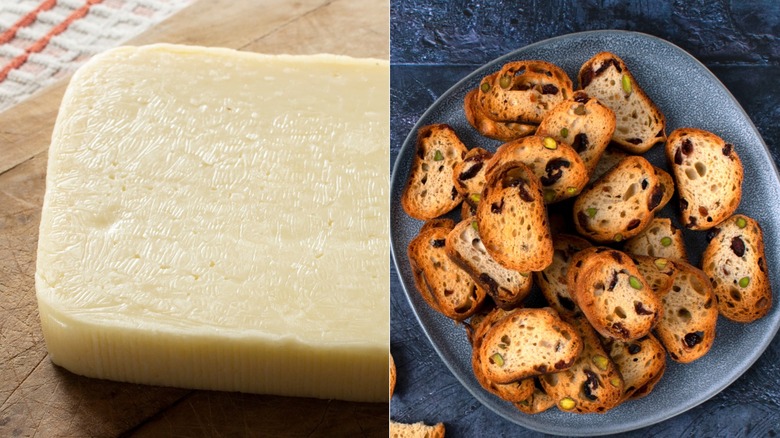 havarti cheese on board and cranberry toast crackers on plate