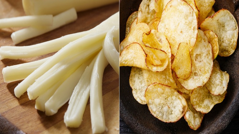 fanned out string cheese on cutting board and chips in wooden bowl