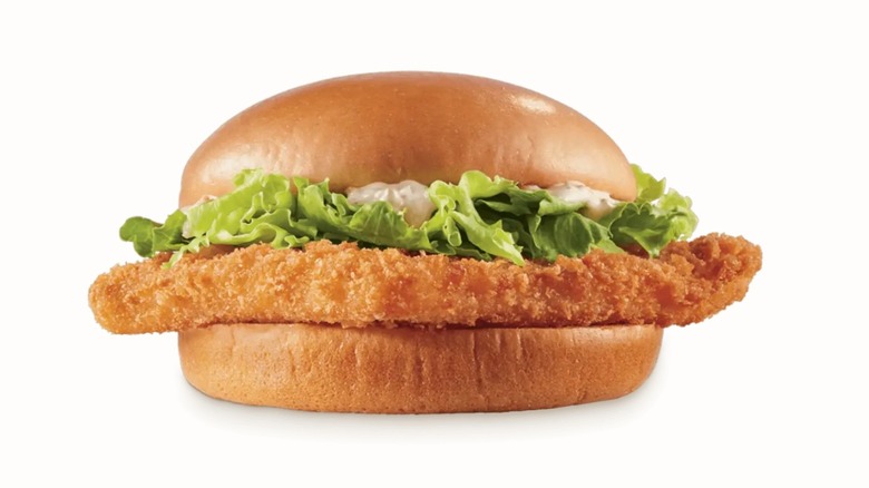 Closeup of battered and fried fish filet with lettuce and tartar sauce served by Dairy Queen