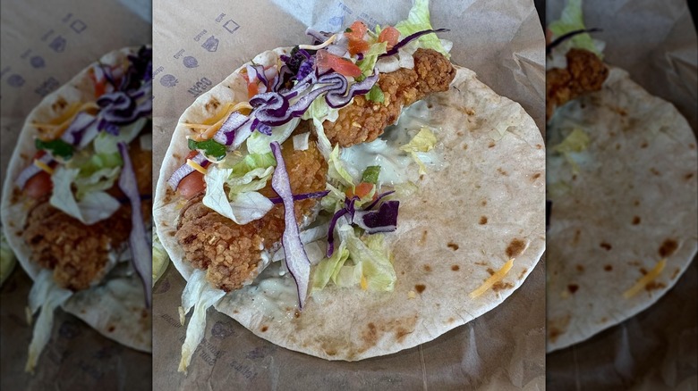 Close up of Taco Bell  crispy chicken burrito, unwrapped.