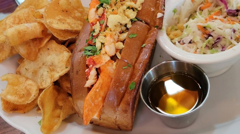 Closeup of a lobster roll from the Green Dragon Tavern in Carlsbad, California.