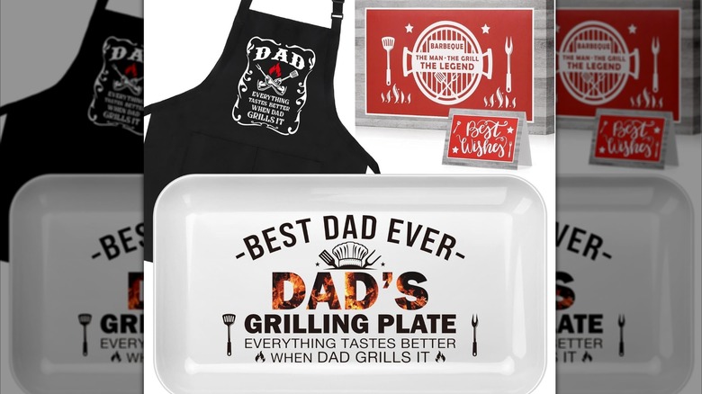 A fathers day BBQ package including  Dad's BBQ grilling plate, Dad apron, blessing card with BBQ theme, and a themed gift box.