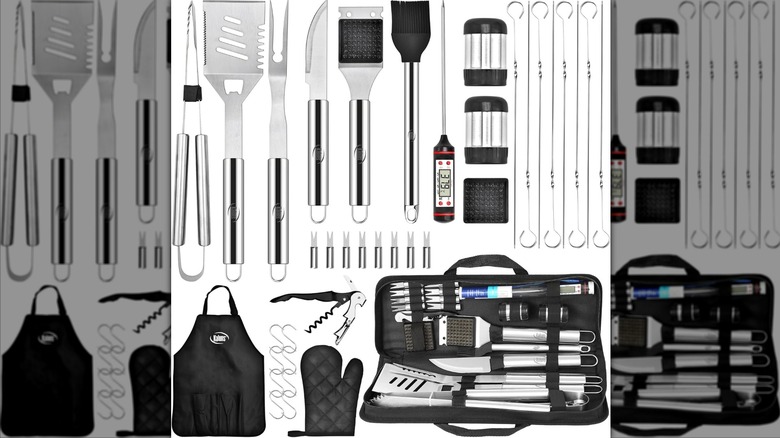 A set of grill tools sits against a white background.