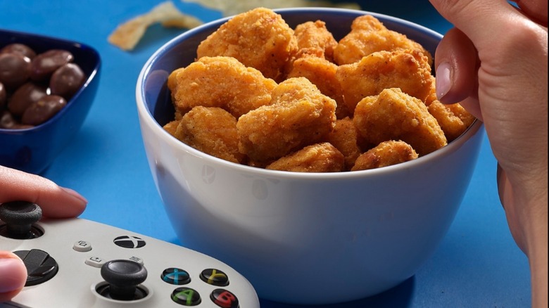 A bowl of Pilgrim's chicken nuggets.