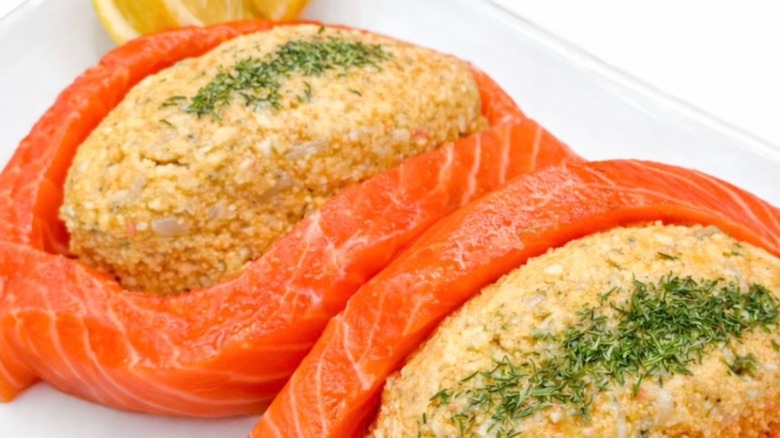 Closeup of Member's Mark Salmon with Seafood Stuffing prior to cooking