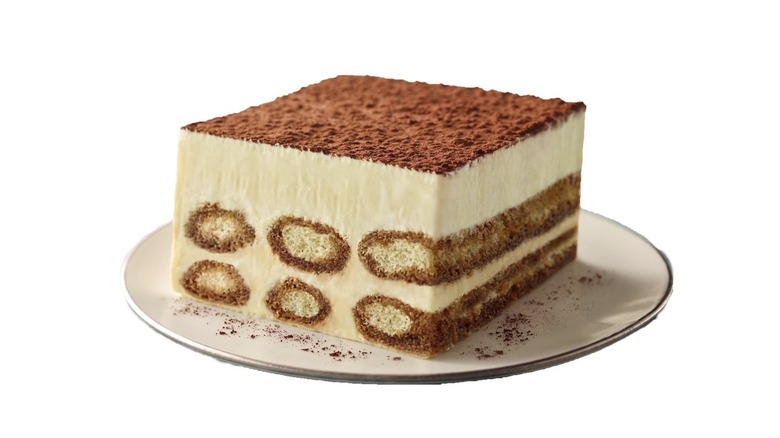 Neatly plated slice of Member's Mark Tiramisu Cake