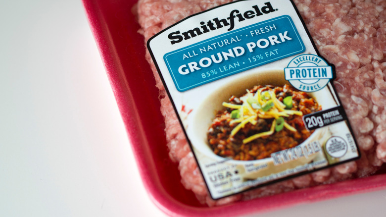 Closeup of a package of Smithfield ground pork