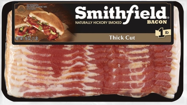 Closeup of a package of Smithfield Thick-Cut Bacon