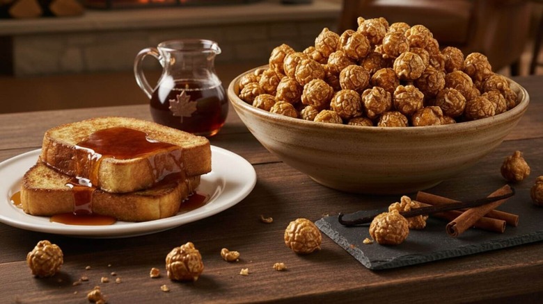 A plate of French toast beside French toast-flavored popcorn