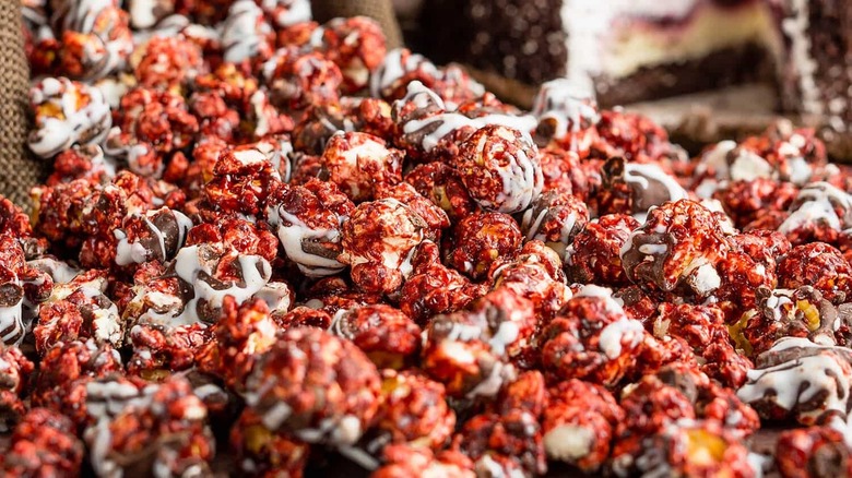 A large pile of black forest-flavored popcorn
