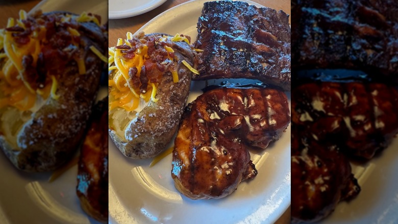 Platter of ribs with Grilled BBQ Chicken and a loaded baked potato