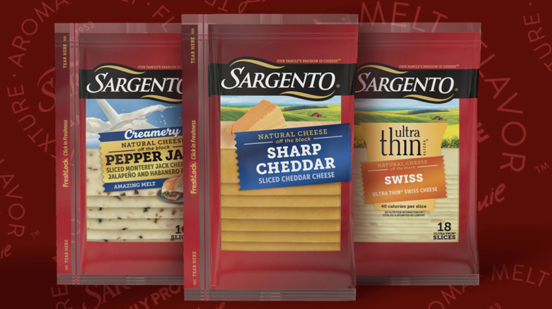 Packs of sliced Sargento cheese.