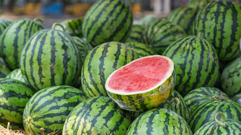 Watermelons at a food stall.
