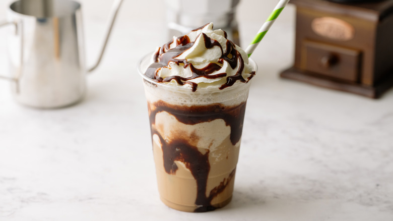 Chocolate Nutella cold brew blended drink with whipped cream.
