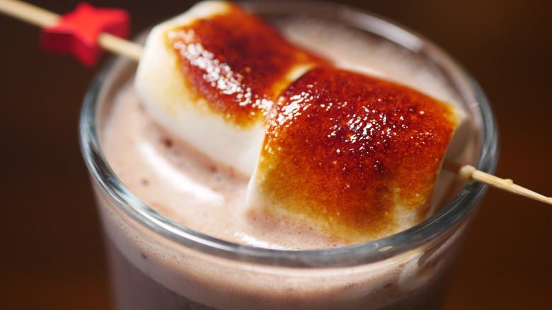 A mug of hot chocolate with two large toasted marshmallows