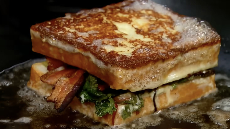 Bobby Flay's French toast sandwich cooking.