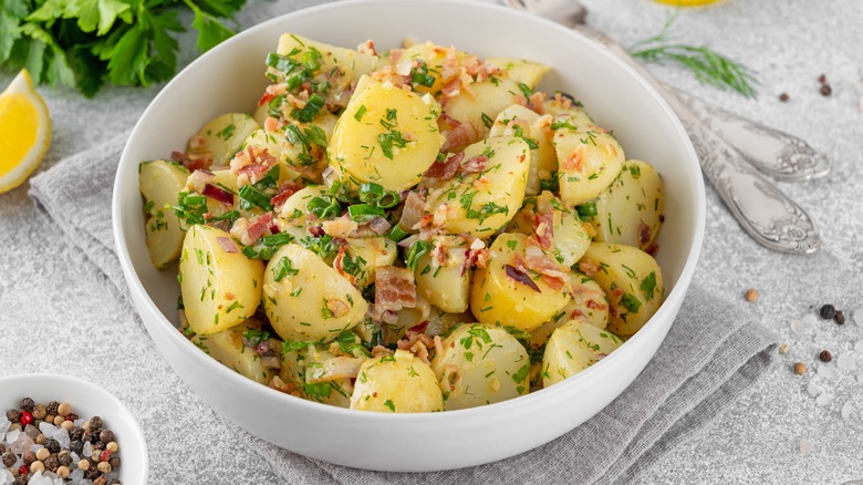 Warm German-style potato salad in bowl