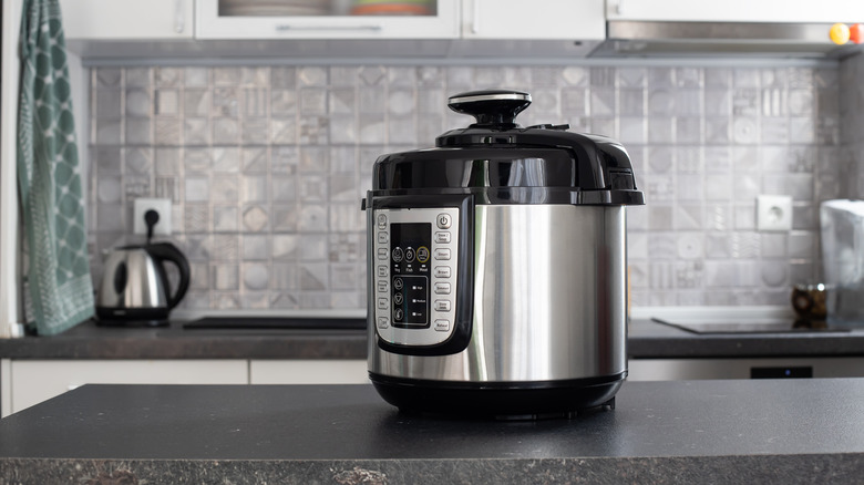 A modern-looking Instant Pot sits on the counter of a gray kitchen