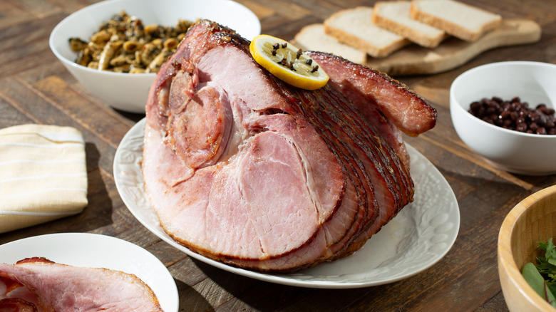 A spiral sliced ham sitting on a plate