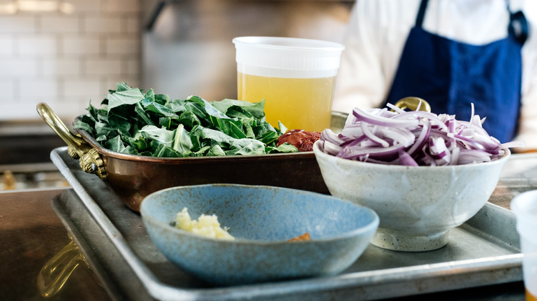 Collard greens with stock, red onion, spices