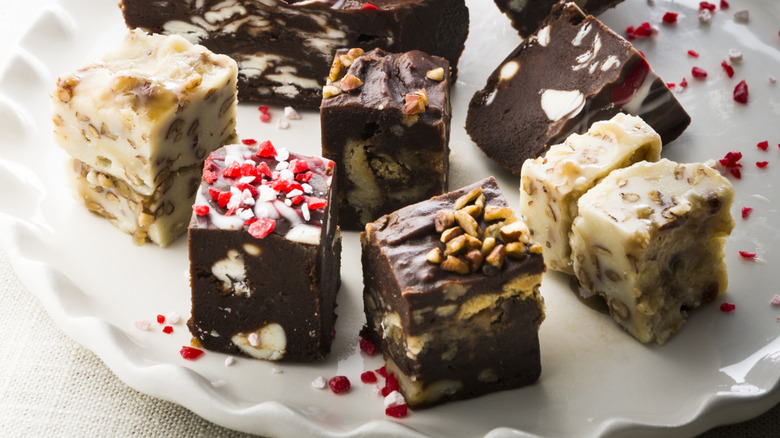 Plate of variously flavored fudge pieces.