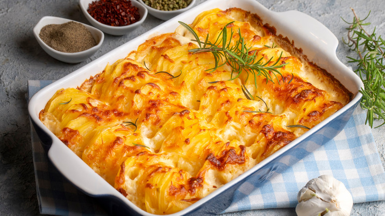 Scalloped potatoes in a casserole dish.