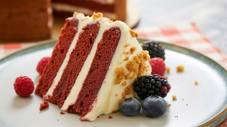 A slice of red velvet cake.