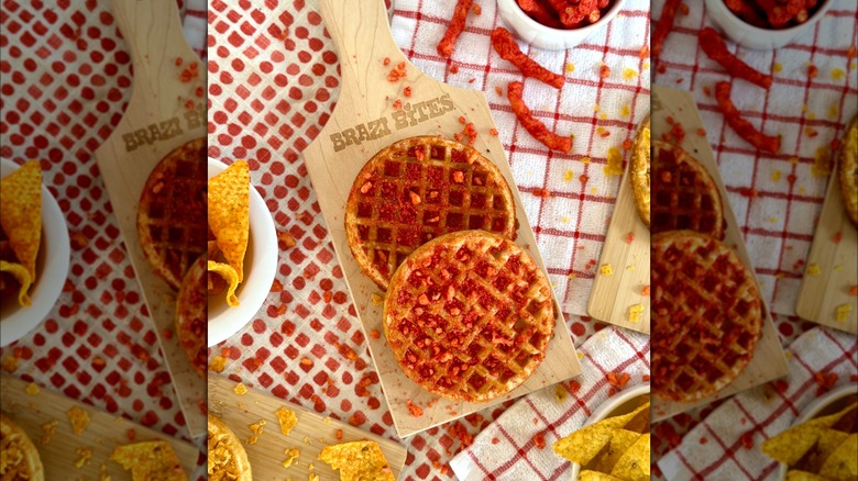Two waffles on a wooden board