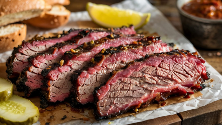 Slow cooked brisket slices.