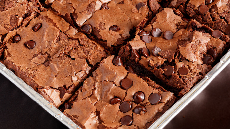 Chocolate chip brownies in a pan.