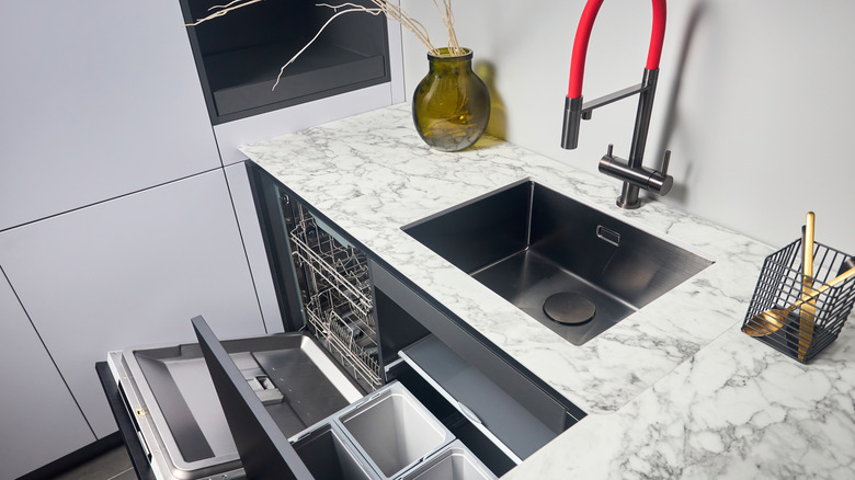 A laminate countertop with a marble-like grain.